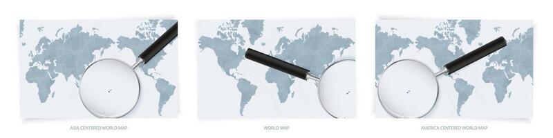 Blue Abstract World Maps with magnifying glass on map of Fiji with the national flag of Fiji. Three version of World Map. vector