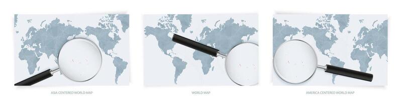 Blue Abstract World Maps with magnifying glass on map of Kiribati with the national flag of Kiribati. Three version of World Map. vector