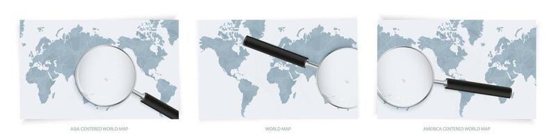 Blue Abstract World Maps with magnifying glass on map of Marshall Islands with the national flag of Marshall Islands. Three version of World Map. vector