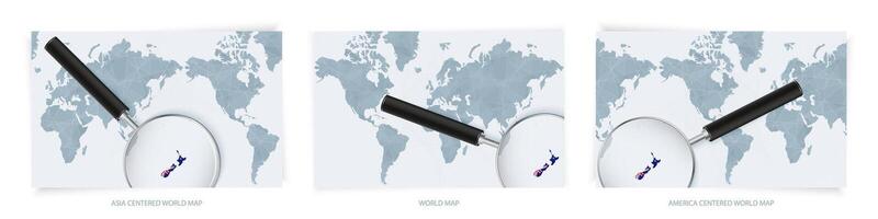 Blue Abstract World Maps with magnifying glass on map of New Zealand with the national flag of New Zealand. Three version of World Map. vector