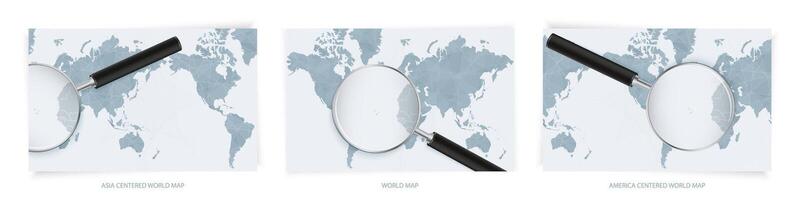Blue Abstract World Maps with magnifying glass on map of Cape Verde with the national flag of Cape Verde. Three version of World Map. vector
