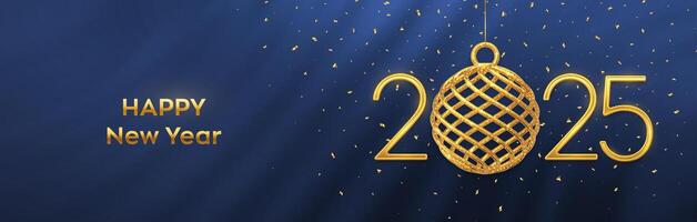 Happy New 2025 Year. Hanging Golden metallic numbers 2025 with shining 3D gold ball bauble and confetti on blue background. New Year greeting card, banner, header template. vector