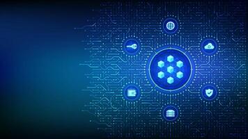 Blockchain technology. Decentralized network. Fintech cryptocurrency. Information blocks in cyberspace. Background with circuit board connections and tech icons. vector