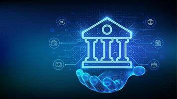 Bank icon in wireframe hand. Online banking service application. Money transaction, e-commerce. Finance and banking global internet connection. Financial transaction. API Fintech. vector