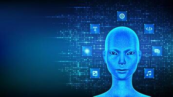 AI. Artificial intelligence concept. Cyborg woman head made with binary code. Female electronic face. Female robot. Neural network. Smart assistant. Binary digital background with digits 1.0. vector