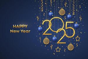 Happy New 2025 Year. Hanging Golden metallic numbers 2025 with shining 3D metallic stars, balls and confetti on blue background. New Year greeting card, banner template. Realistic vector