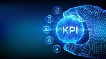 KPI. Key performance indicator business industrial analysis technology concept in the shape of polygonal sphere in wireframe hand. Data analytics. Business Intelligence metrics. vector