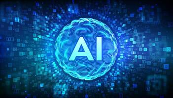 AI. Artificial intelligence. Abstract grid wave sphere with letters AI. Machine learning technology. Neural networks. Binary code background with digits 1.0. Binary Data Flow. vector