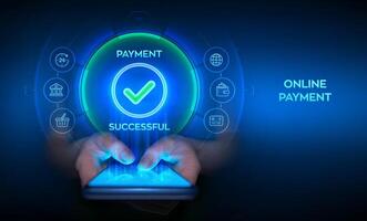Online payment concept. Payment successful notification. Online payment via banking application using smartphone. Online shopping. Financial transaction. Smartphone in hands. vector