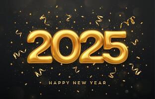 Happy New Year 2025. Golden 3D numbers 2025 isolated on black background. Realistic festive metallic luxury gold numbers. Merry Christmas and Happy New Year greeting card. vector