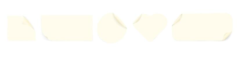 Collection of beige paper stickers in various geometric shapes round, square, rectangular , heart shape with curved corners. Blank adhesive paper or plastic stickers. reminders for design vector