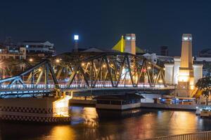 illuminated bridge at night reflects beautifully on water, showcasing vibrant cityscape. scene captures essence of urban life and architectural design photo