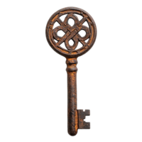 Antique key with ornate bow design and rusted appearance png