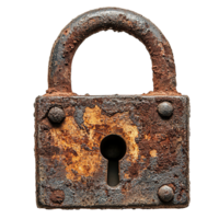 Old rusted padlock with solid rectangular body and curved shackle png