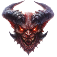 Flaming demon face with fiery gaze and sharp horns isolated png