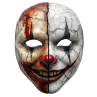 Scary clown mask with distressed surface and menacing smile isolated png