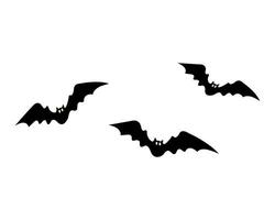 Three black bats with yellow eyes hover against a white background, their wings spread wide in flight. For Halloween decoration or themed design. vector
