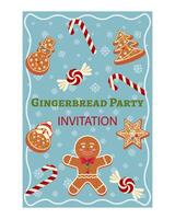 Gingerbread themed party invitation with festive cookies, candy canes, and snowflakes for holiday celebration. Poster template for invitation to New Year or Christmas party. vector
