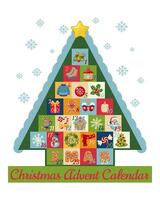 Christmas themed Advent calendar in the shape of a tree, featuring festive illustrations for each day leading to December 25th. For holiday marketing, Christmas crafts, or digital countdowns. vector