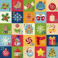 Advent calendar illustration featuring 25 colorful squares, each with a unique Christmas themed icon. For seasonal design, holiday project, and festive decoration concept. vector