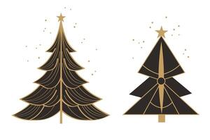 Set with Christmas trees and confetti in Art Deco style. Hand drawn flat elegant festive New Year decor. Modern winter glamorous Xmas trees for design, flyer, card, poster, congratulation, icon vector