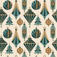 Winter Seamless Christmas pattern with glass tree toys in Art Deco style. Hand drawn festive repeating background with New Year cold decor. Modern Xmas ornament for design, wrapping paper, textile vector