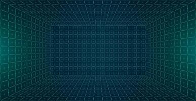 Futuristic perspective HUD grid box. Abstract wireframe with green grid lines on dark background. Inspired 80s and 90s digital style GUI FUI design. Virtual reality landscape. Retro future aesthetic vector