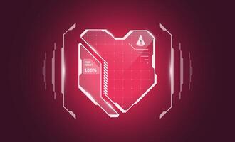 VR HUD digital futuristic style videogame user interface red heart shape shield logo. Gaming cyberspace protect health level and life indicator icon. Hi tech GUI FUI energy infographic design element vector