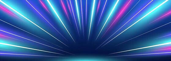 Abstract image depicting road speed motion. Vibrant blue and purple neon glow. Illustrating light speed in galaxy, it features purple glowing wave swirls and impulse cable lines. Long exposure design vector
