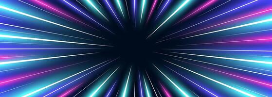 Neon stripes shaped like swirling drill, illustrating high speed concept. Depicting motion on road. Abstract background features dynamic blue and purple neon glow colors, highlighting speed and energy vector
