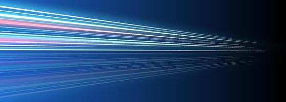 Panoramic high speed technology concept. Light motion effects featuring abstract background. Depicting speed on road. Cyberpunk style light trails, showcasing dynamic motion. Futuristic light streaks vector