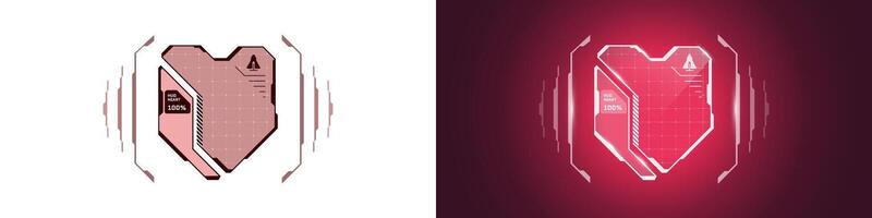 VR HUD digital futuristic style interface red heart shape shield set. game player protect health and life indicator icon. Sci Fi GUI and FUI infographic design element. Hi tech UI eps logotype vector