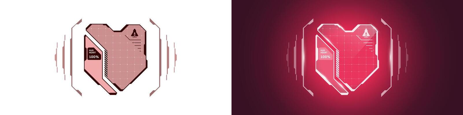 VR HUD digital futuristic style interface red heart shape shield set. game player protect health and life indicator icon. Sci Fi GUI and FUI infographic design element. Hi tech UI eps logotype
