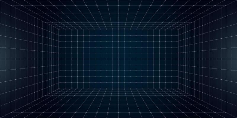 Futuristic perspective grid box featuring abstract wireframe design with white grid lines on dark background. 80s and 90s digital aesthetic. Captures virtual reality landscape in retro future style