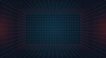 Futuristic perspective HUD grid box with abstract wireframe design. Red grid dotted lines on dark blue background. Virtual reality landscape inspired 80s and 90s digital aesthetic. Retro future visual vector