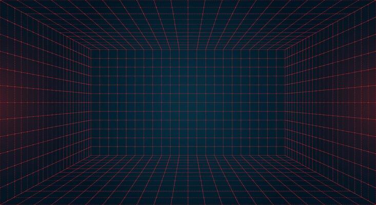 Futuristic perspective HUD grid box with abstract wireframe design. Red grid dotted lines on dark blue background. Virtual reality landscape inspired 80s and 90s digital aesthetic. Retro future visual