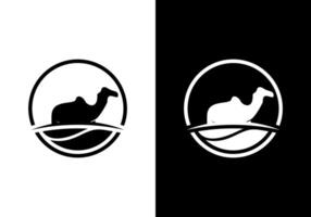 A camel is walking in the desert with the silhouette element of a camel. The logo is in the form of a link in which there is a camel silhouette. vector