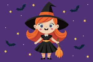 Cartoon cute halloween witch character with broomstick in front of purple background with flying bats vector
