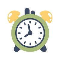 Alarm clock isolated on white background. Alarm bell with black hands of the clock in cartoon style. Doodle Hand drawn illustration for school, business, sale, deadline. vector
