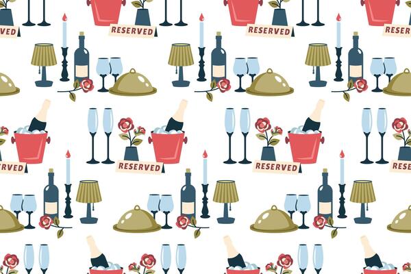Romantic background. Reserved tables for two. Valentines seamless pattern. Romantic dinner with cutlery, wineglasses, champagne, candles, rose, nightlight. Romantic setting. flat illustration