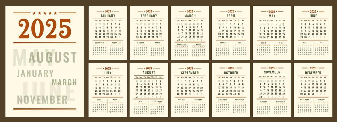 Calendar 2025. Vertical retro Calendar daily planner. Business layout for print. Pages template for business, printable wall, monthly, desktop calendar. Week starts on Sunday. flat illustration