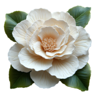 White camellia flower top view , flat lay design, isolated on transparent background. Elegant camellia flower with green leaves png