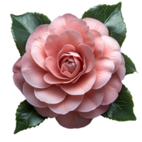 Pink camellia flower top view , flat lay design, isolated on transparent background. Elegant camellia flower with green leaves png