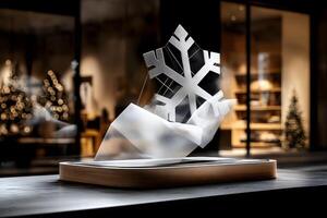 Modern frosted glass snowflake sculpture on display with holiday lights in background photo