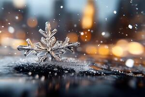 Crystal snowflake ornament on snowy surface with warm bokeh lights in the background photo
