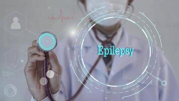 Epilepsy text. Doctor using stethoscope on medicine background. Futuristic technology. data hologram healthy concept. video