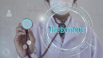 Infectious text. Doctor using stethoscope on medicine background. Futuristic technology. data hologram healthy concept. video