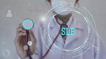 SLE text. Doctor using stethoscope on medicine background. Futuristic technology. data hologram healthy concept. video