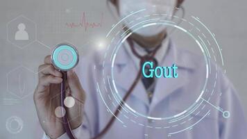 Gout text. Doctor using stethoscope on medicine background. Futuristic technology. data hologram healthy concept. video