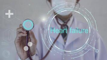 Heart failure text. Doctor using stethoscope on medicine background. Futuristic technology. data hologram healthy concept. video